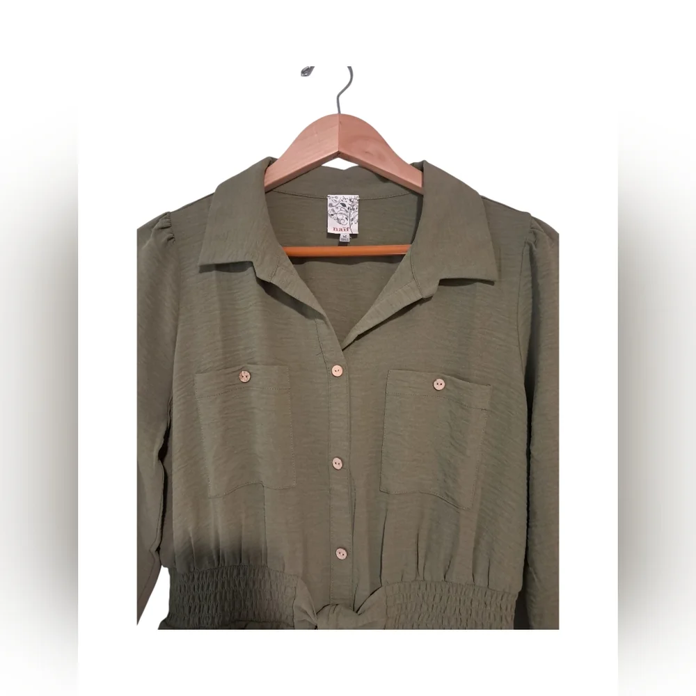 Naïf green shirt dress, front tie 3/4 sleeve - Picture 2 of 6